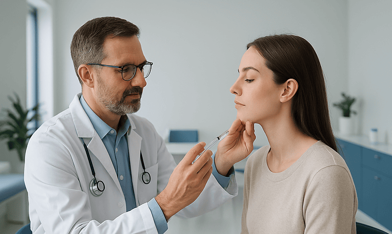 Doctor examining young woman's jaw in a medical consultation room.