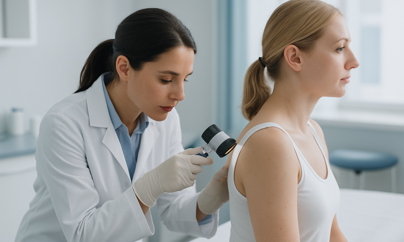 Preparing for Skin Graft Surgery: Wound Assessment, Infection Control and Stopping Smoking 2 Doctor examining patient's skin with a dermatoscope in a clinical setting.