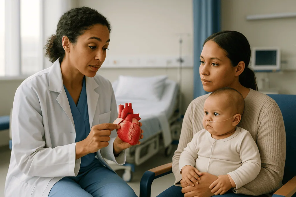 Pediatric cardiologist explaining heart model to mother and infant: Preparing your child for heart surgery at every age