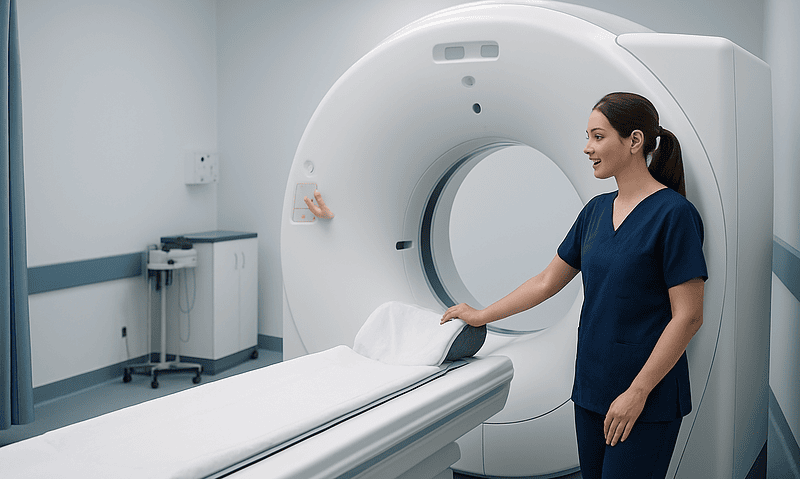 Technician preparing MRI scan in a modern hospital imaging room.