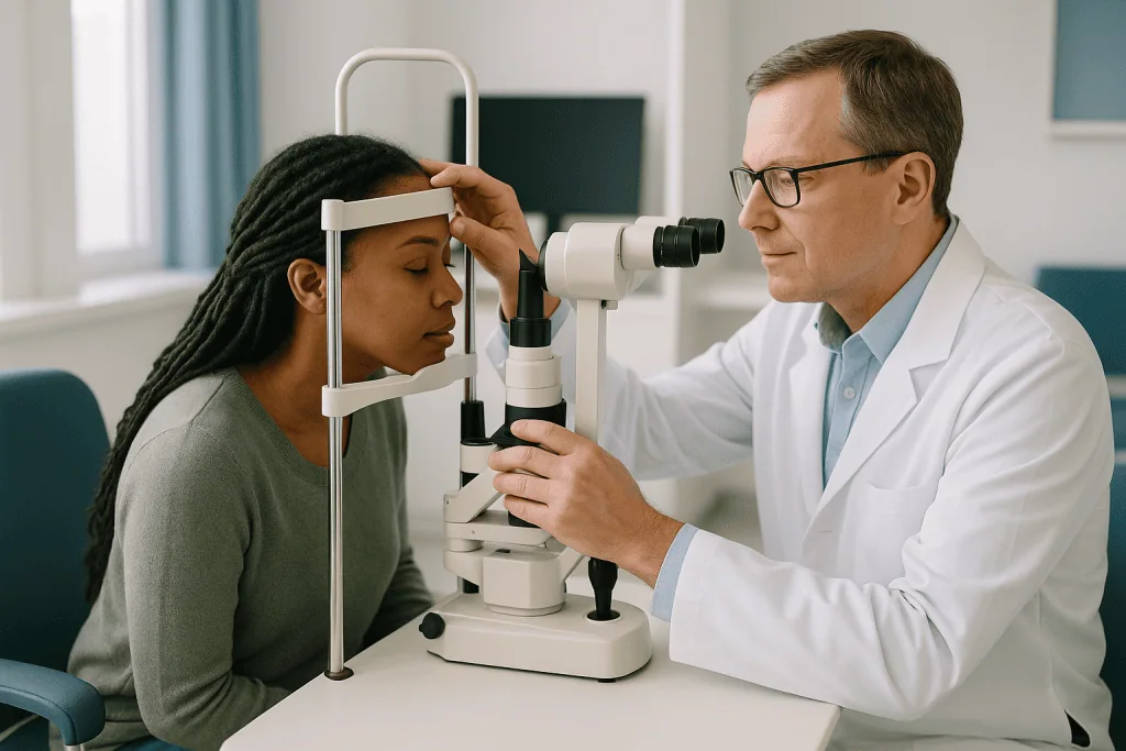 Ophthalmologist examining patient's eye with specialized equipment: PRK vs LASIK for astigmatism: how the main approaches co