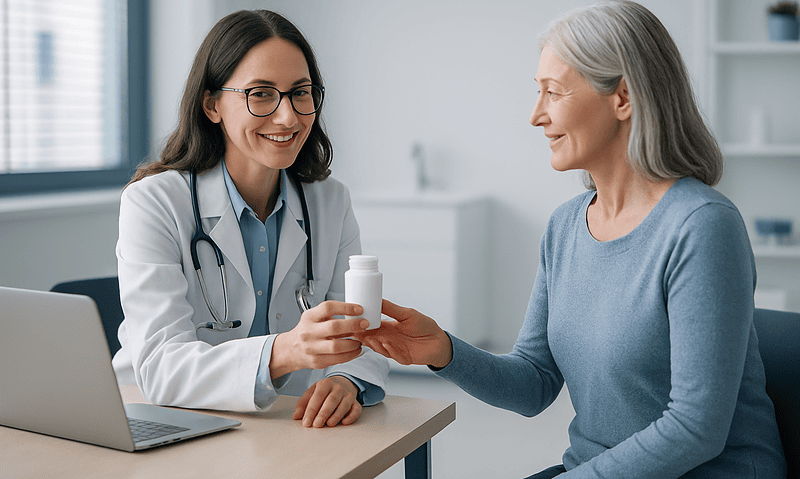 Doctor handing probiotic supplement to elderly woman in clinic setting.