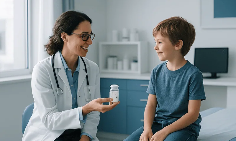 Pediatrician explaining probiotics to a young boy in a clinic setting.