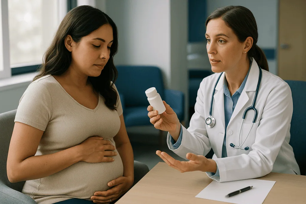 Pregnant woman consulting with female doctor about medication: Propylthiouracil in the first trimester: why the medicine oft