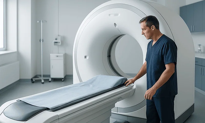 Medical professional prepares MRI scan in a modern hospital room.