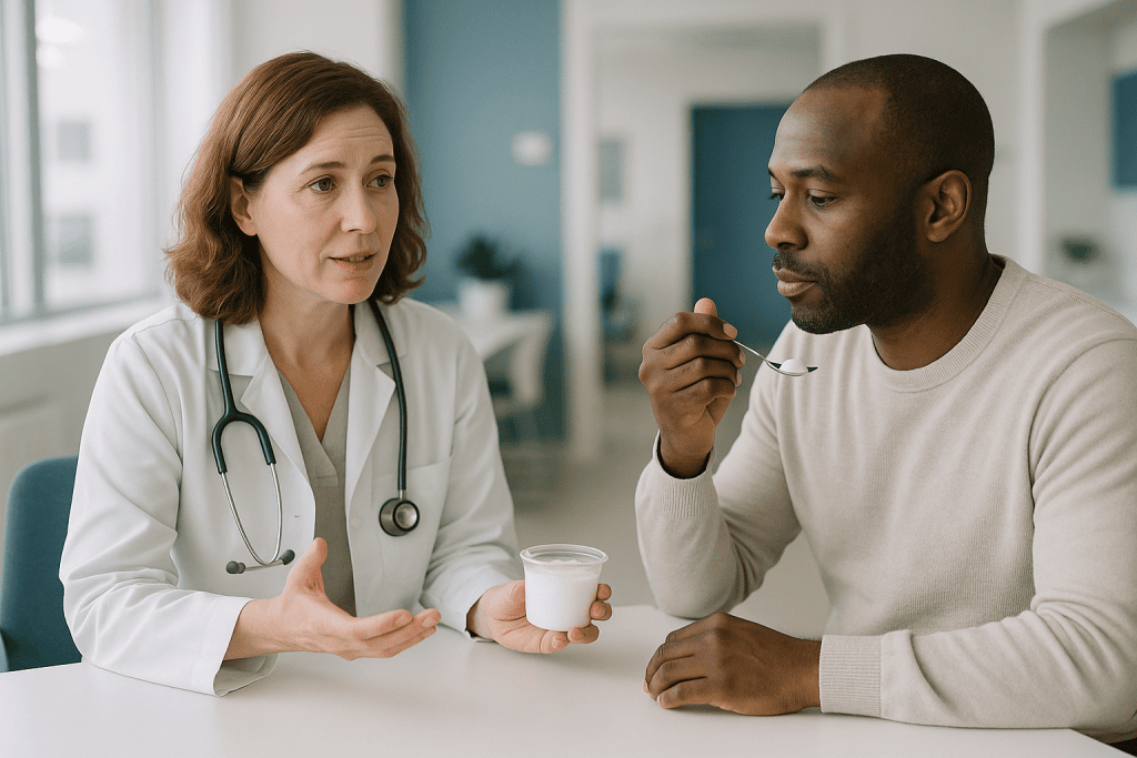 Doctor consulting patient holding cup of yogurt: Protein: does skyr really beat Greek yogurt?