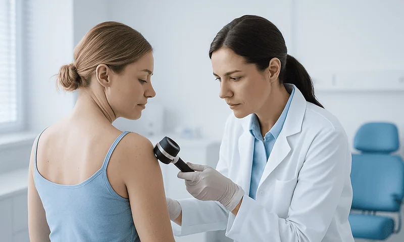 Doctor examining a young woman's skin with a dermatoscope in a clinical setting.