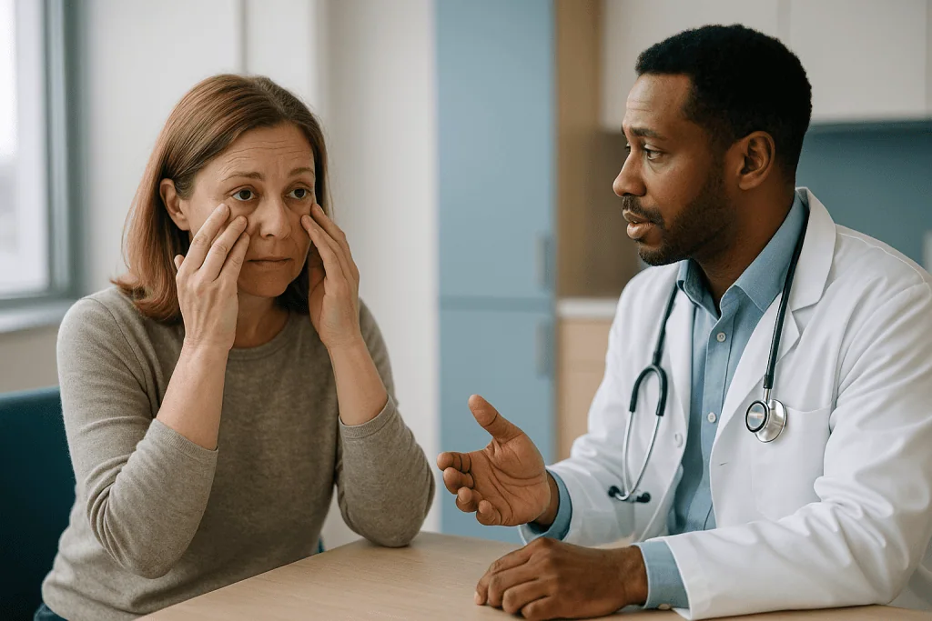 Doctor consulting with concerned female patient at desk: Puffy eyes explained: is it fluid, fat or skin?