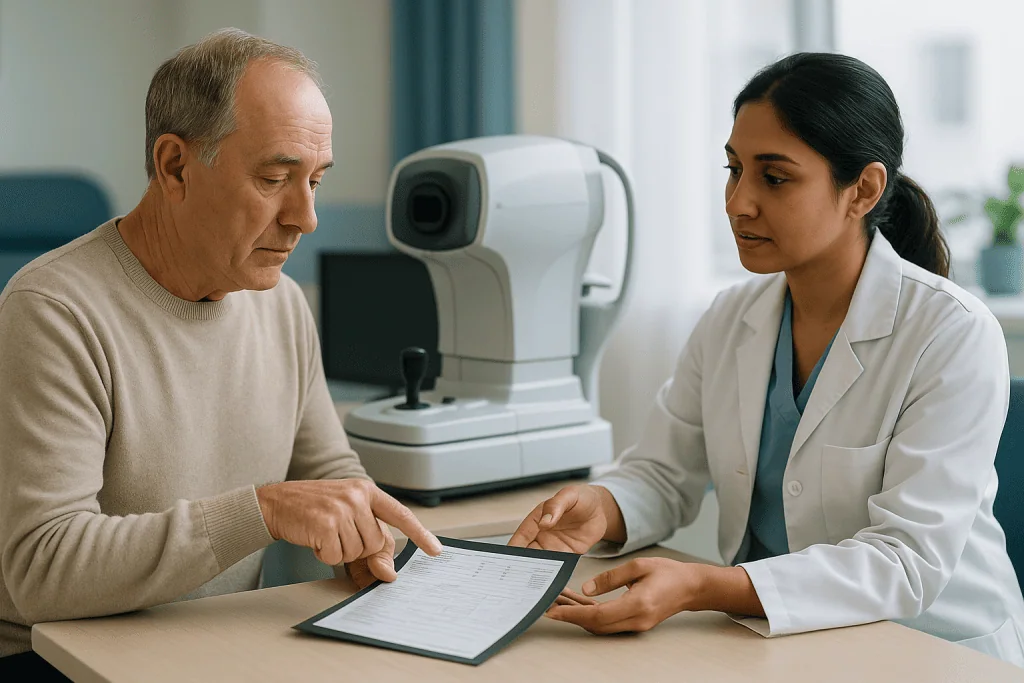 Doctor consulting with elderly male patient over clipboard: Questions before farsightedness surgery about your own measureme