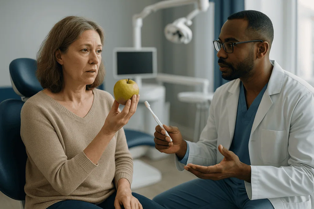 Doctor consulting patient about healthy eating with apple: Questions for cosmetic dentist visits start with one: is my mouth