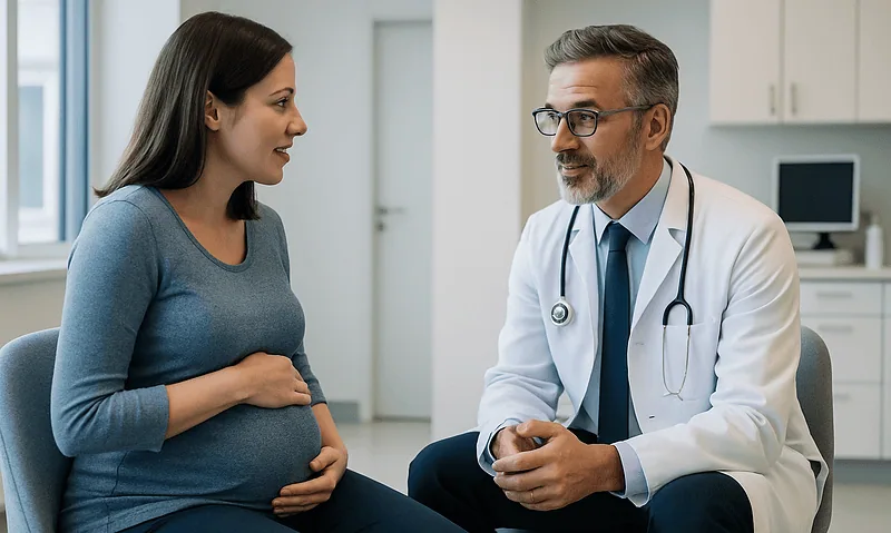 Questions to Ask a Fetal Surgery Team: Alternatives, Timing and What Follows the Operation 5 Pregnant woman consulting with a doctor in a medical office.