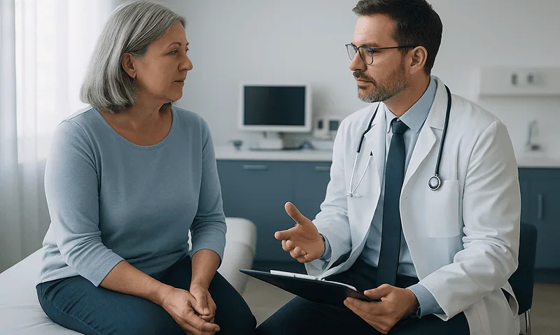 Doctor consulting with a female patient in a medical office.
