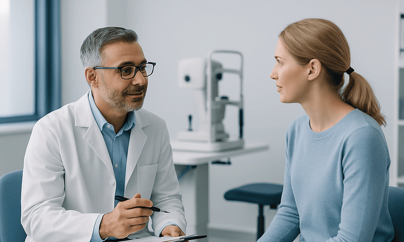 Ophthalmologist consulting with a patient about laser eye treatment options.