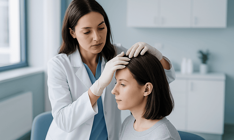 Doctor examining woman's scalp during hair consultation at clinic.