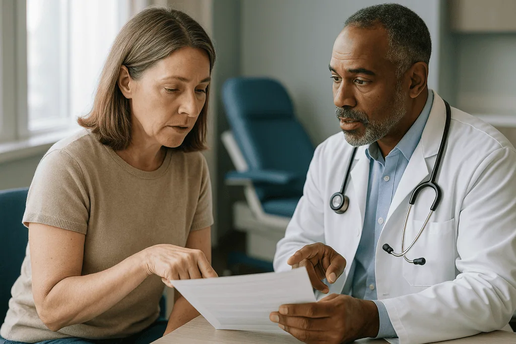 Doctor reviewing medical documents with patient in clinic: Questions to ask your dermatologist about skin cancer biopsy resu