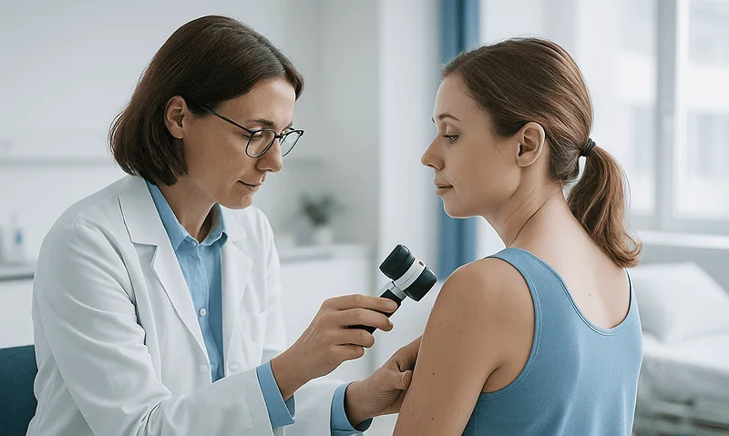 Dermatologist examining a patient's skin with a dermatoscope in a clinical setting.