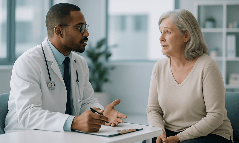 Doctor consulting with an elderly woman in a medical office.