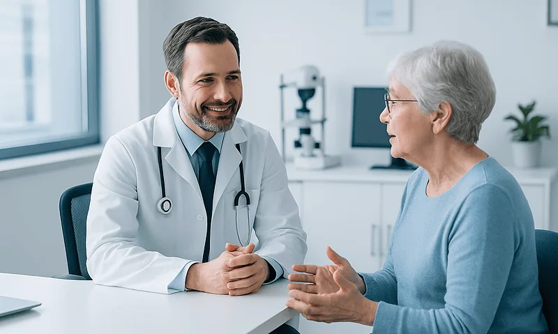 Retina specialist consulting with elderly patient about eye health.