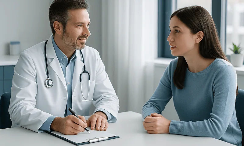 Doctor consulting with young female patient in a modern clinic setting.