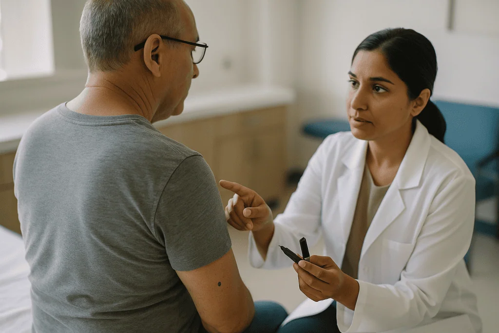 Doctor consulting with male patient in clinical setting: Radiation therapy skin marks: tattoos, ink and tattoo-free options