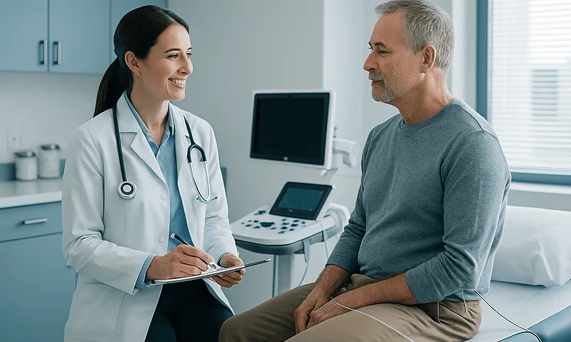 Doctor consulting with a patient in a modern hospital room.