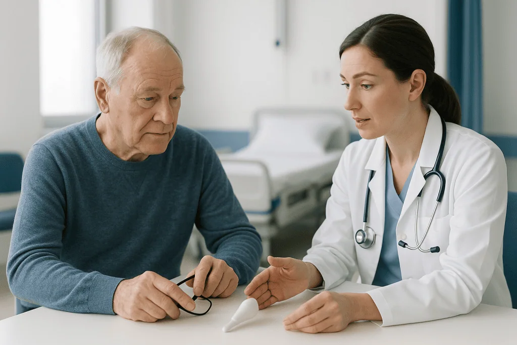 Doctor consulting with elderly patient in clinical setting: Radiosurgery for trigeminal neuralgia and percutaneous procedure