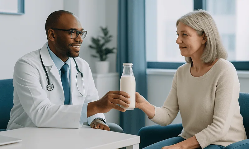 Doctor handing a glass of milk to an elderly woman in a medical consultation.