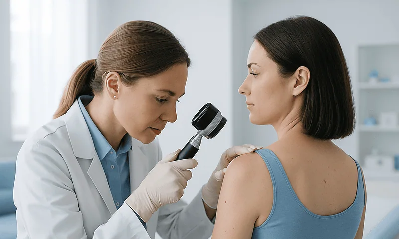 Dentist examining patient's shoulder with a dermatoscope in a clinical setting.