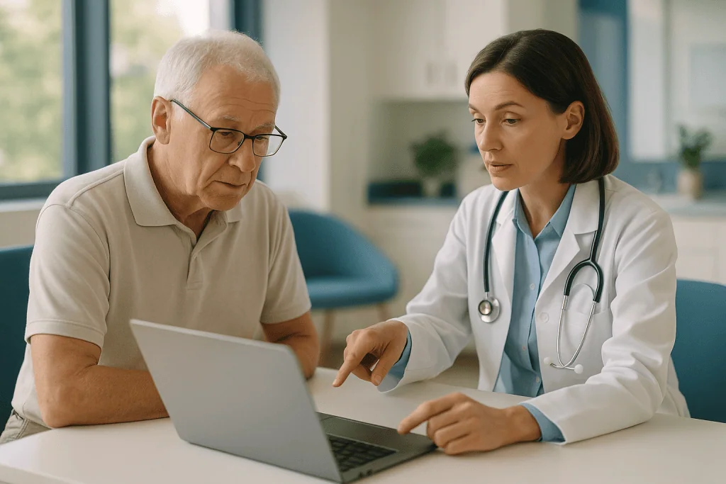 Doctor and senior patient consulting at laptop in clinic: Reading the numbers: FEV1, FVC and the 0.70 ratio
