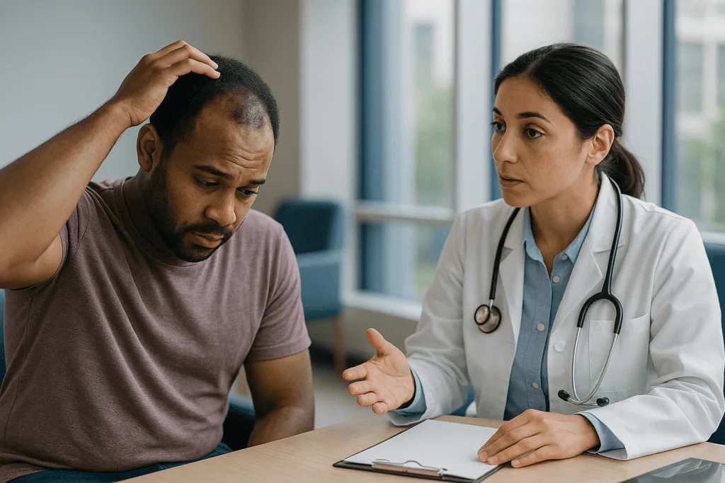 Doctor consulting patient about hair loss concerns: Reason 2: Telogen effluvium, the shedding that arrives three months late
