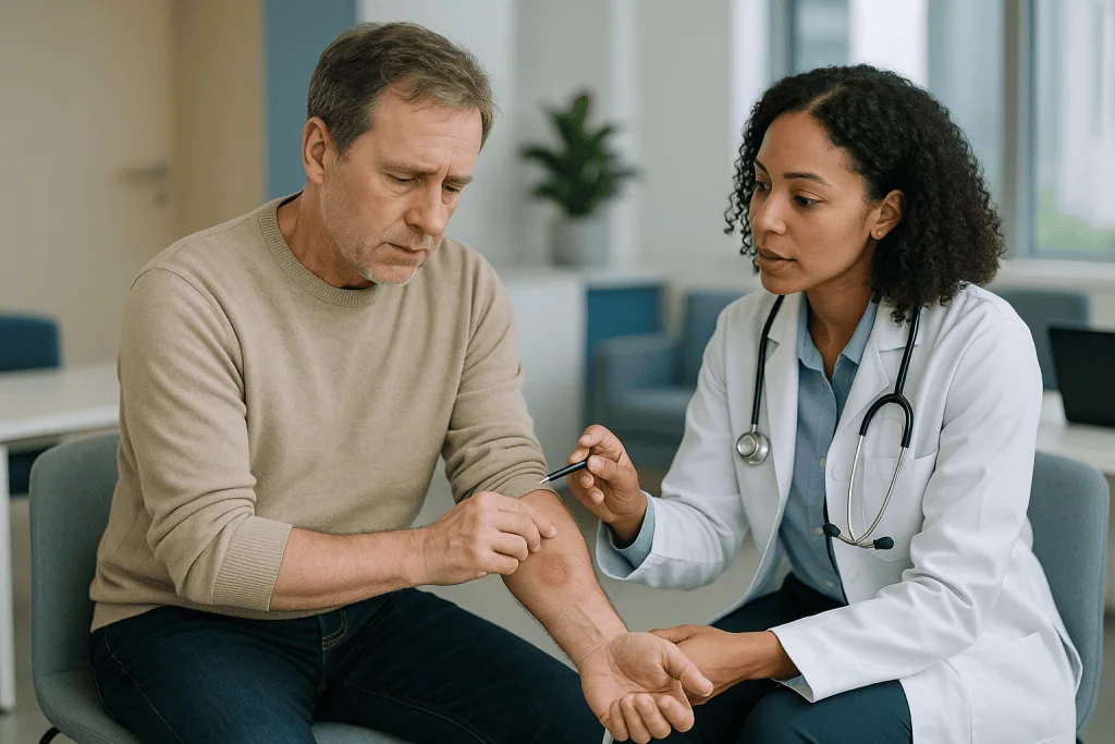 Doctor examining patient's arm for joint pain or rash: Reasons 4 and 5: viral illness and Lyme disease