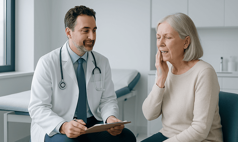 Dentist consulting an elderly woman about dental health in a clinic.