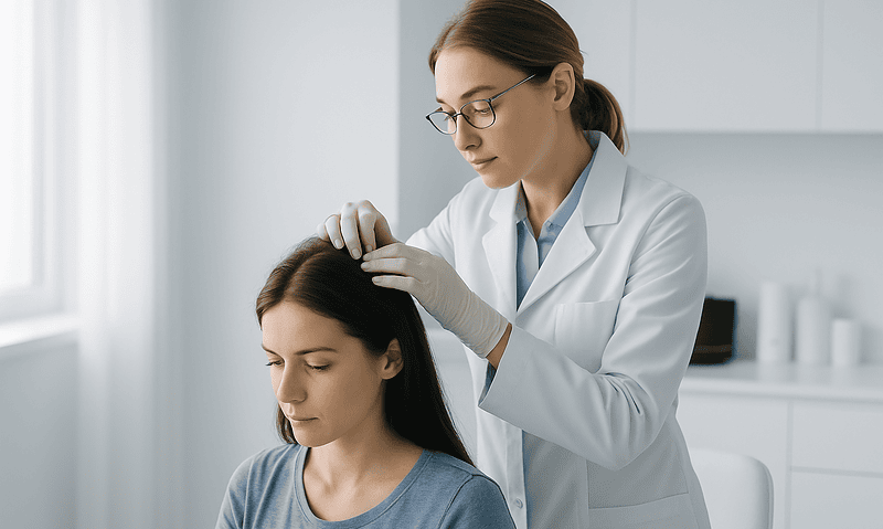 Doctor examining woman's scalp for hair loss or thinning.