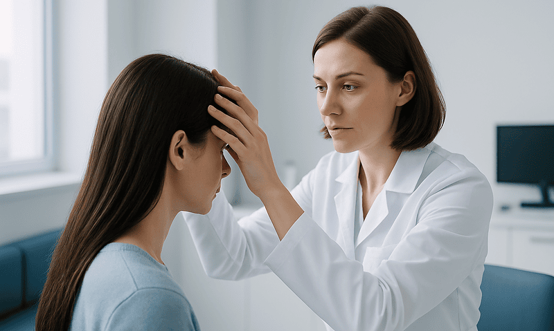 Doctor examining a woman's scalp in a clinical setting.