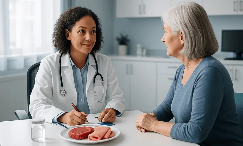 Doctor consulting with an elderly woman in a medical office.