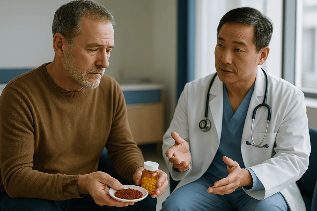 Doctor consulting patient about medications and supplements: Red yeast rice vs statins: is it really a natural alternative?