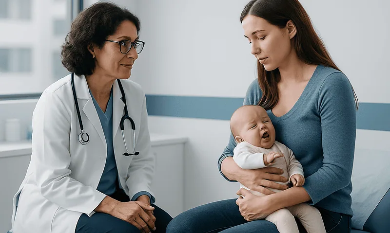 Pediatric consultation about reflux in babies with doctor and mother.