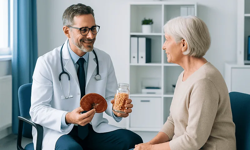 Doctor explaining benefits of medicinal mushrooms to elderly woman in clinic.