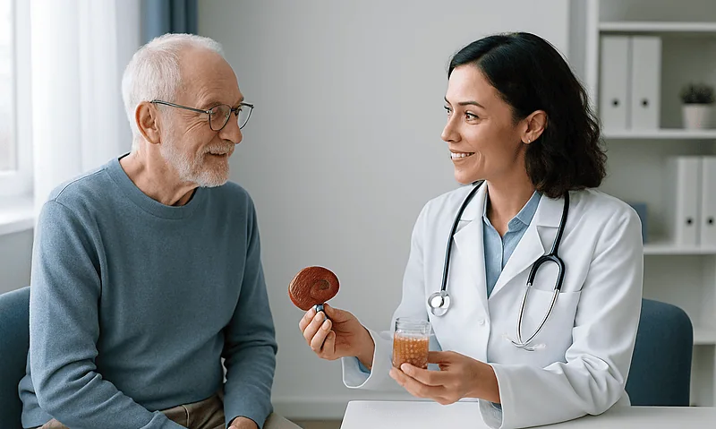 Doctor explaining medicinal mushroom benefits to elderly patient in clinic.
