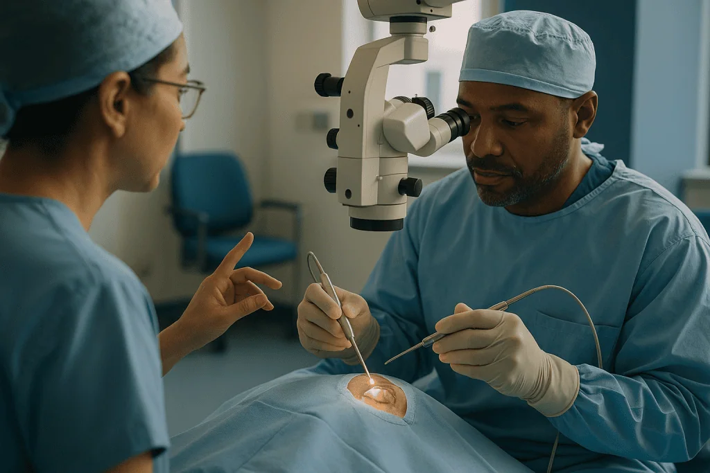 Surgeon performing delicate eye surgery under operating microscope: Removing the gel: the light pipe, the cutter and the vie
