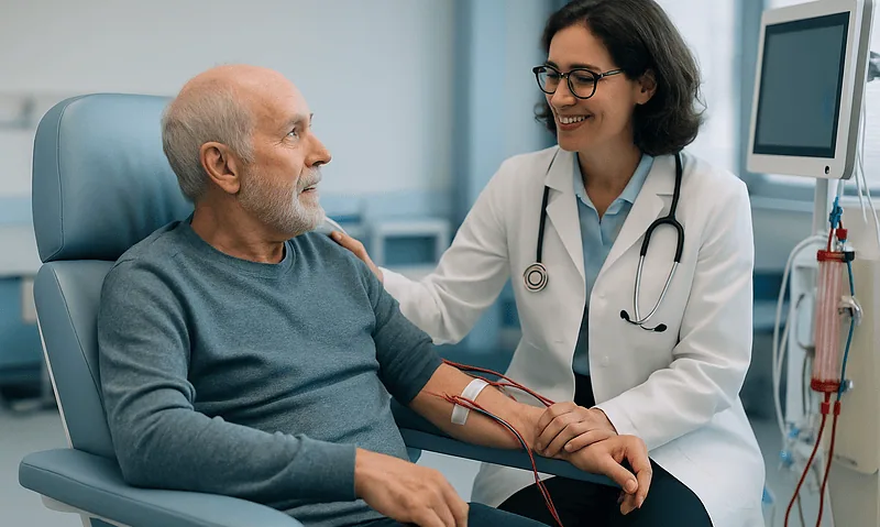Doctor examining elderly patient in hospital room with medical equipment.