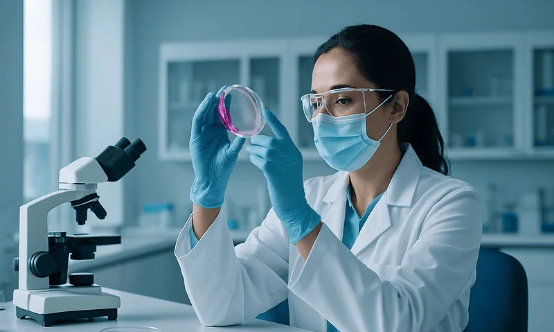 Scientist examining a petri dish in a laboratory setting.