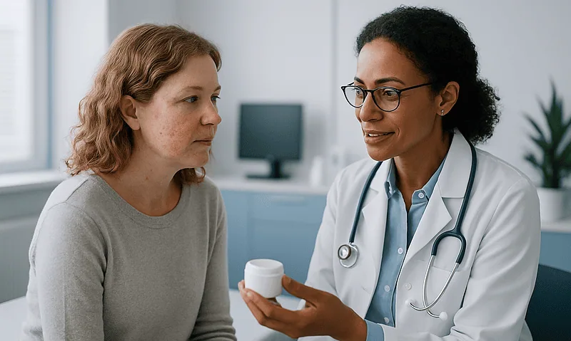 Doctor explaining skincare to patient in a clinic setting.
