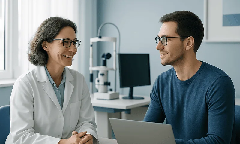 Optometrist consulting with a patient in a modern clinic setting.