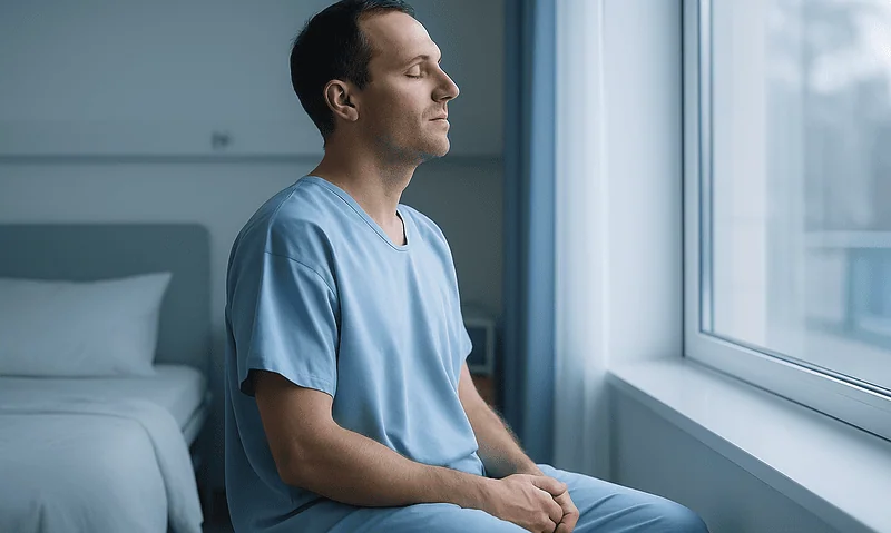 Man in hospital gown sitting by window, deep in thought.