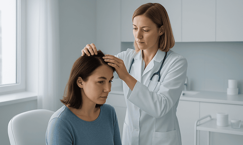 Doctor examining patient's scalp in a clinical setting.