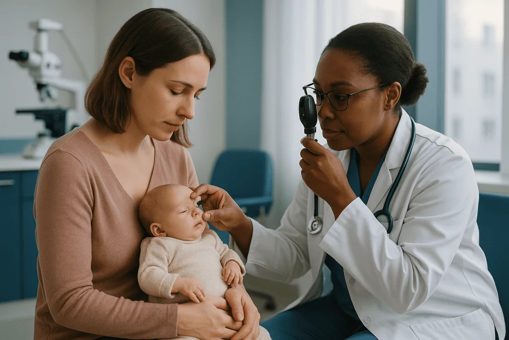 Pediatrician examining newborn infant with otoscope: ROP eye exam schedule: what the first days and weeks after treatment us