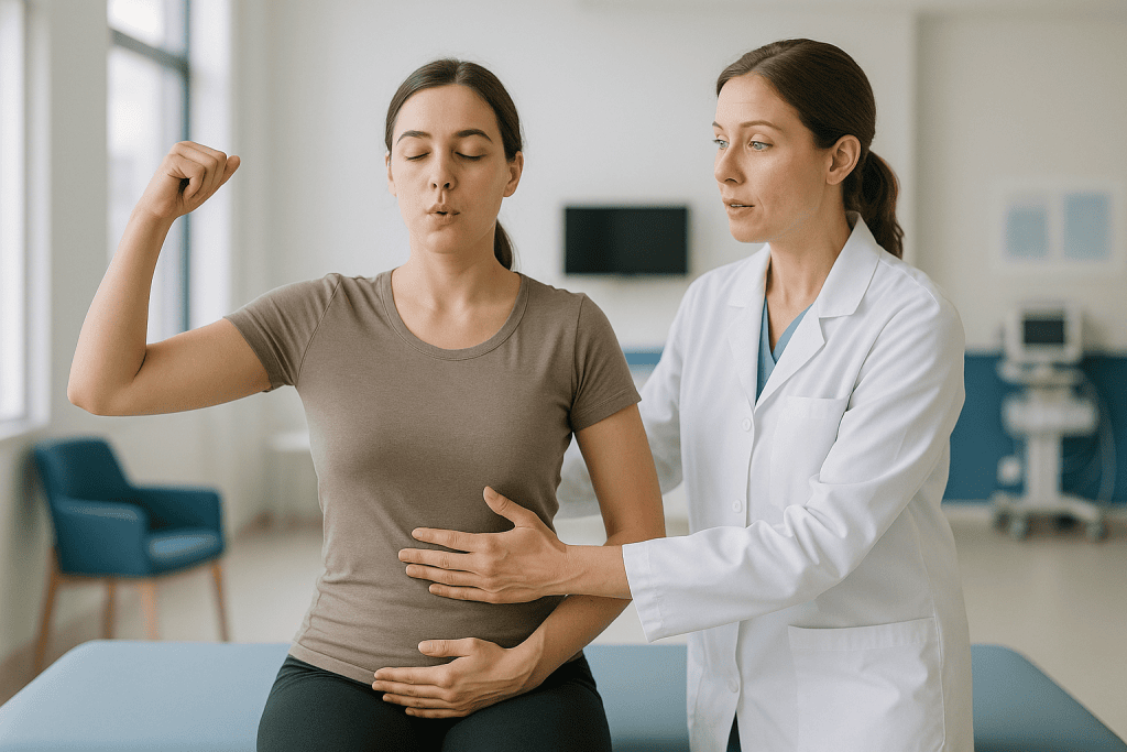 Doctor examining patient's spine and posture: Rotational angular breathing: the part that surprises most newcomers