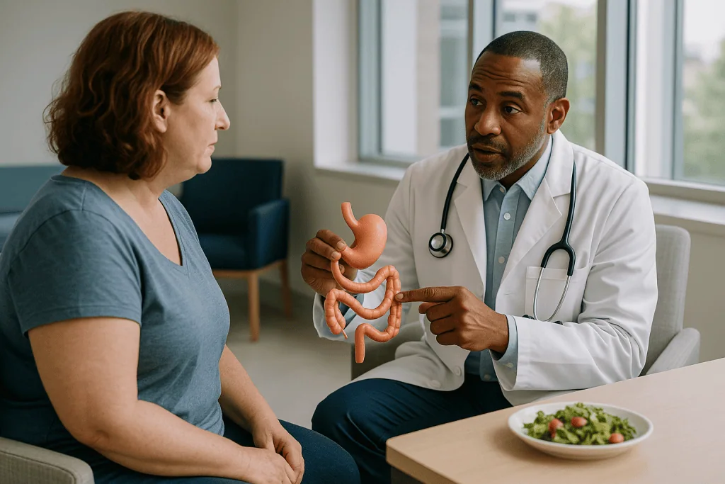 Doctor explaining digestive anatomy to patient with model: Roux-en-Y gastric bypass explained: the new connection and the Y 
