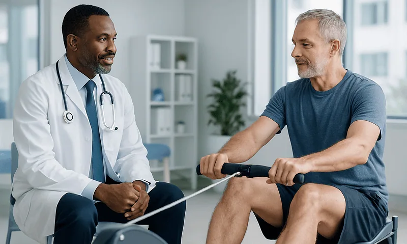Doctor consulting with patient during physical therapy session at Acibadem Hospital.